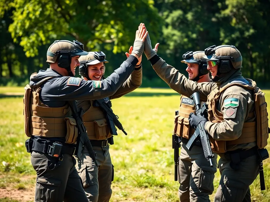 A group of airsoft players celebrating a victory, displaying camaraderie and sportsmanship in a safe and controlled environment.