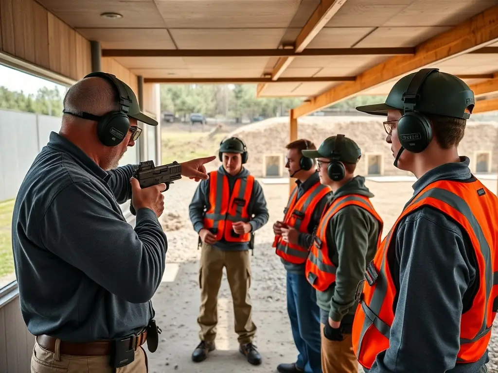An image of airsoft participants receiving safety instructions from a trained staff member, emphasizing the importance of safety protocols.
