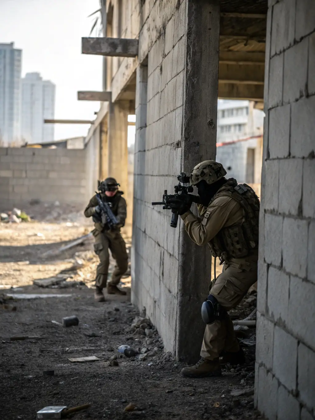 Airsoft players navigating a complex urban environment during a scenario game, using cover and communication to outmaneuver their opponents.