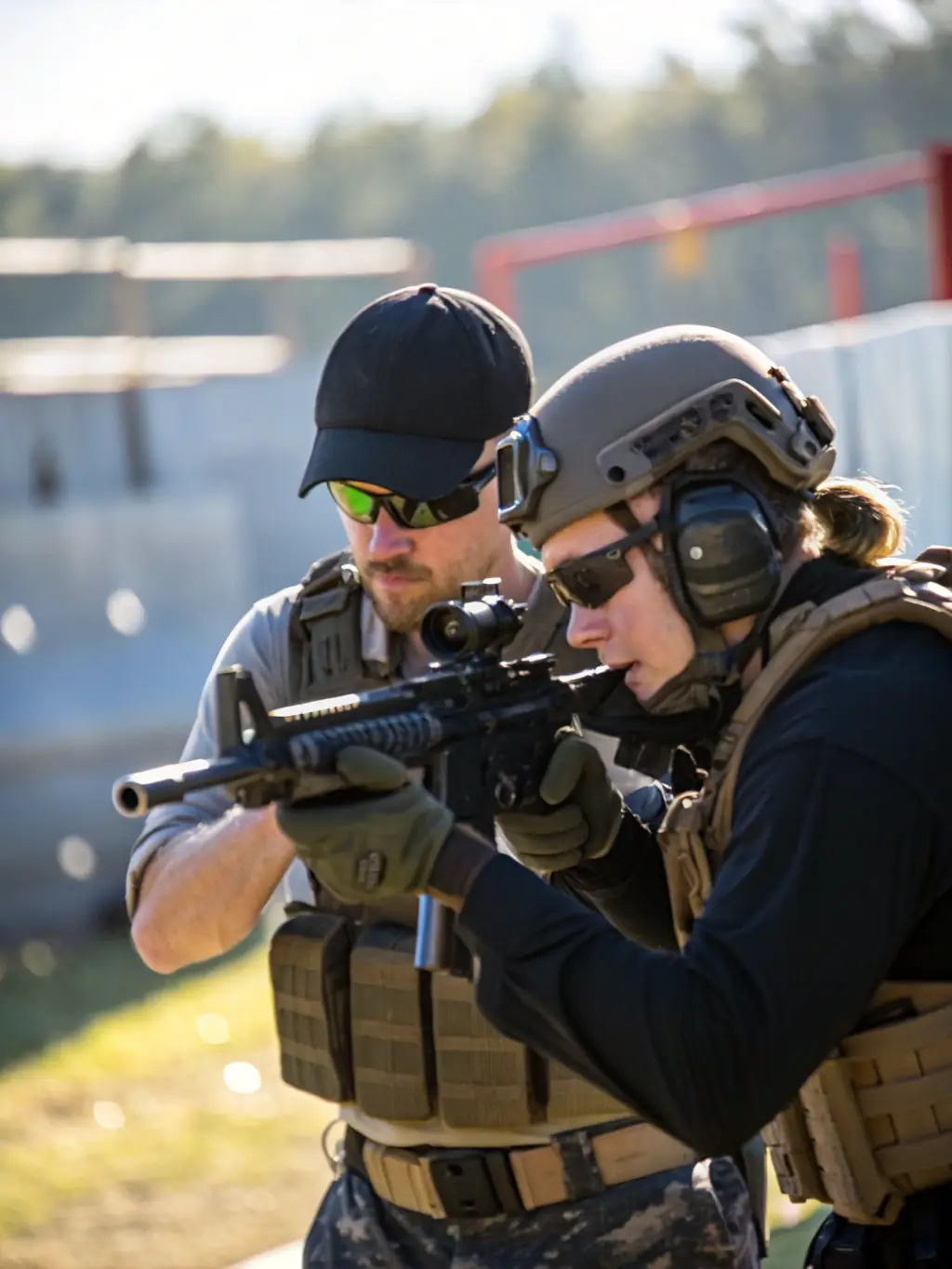 An instructor demonstrating safe airsoft gun handling techniques to a group of new players during a training session, emphasizing safety protocols.