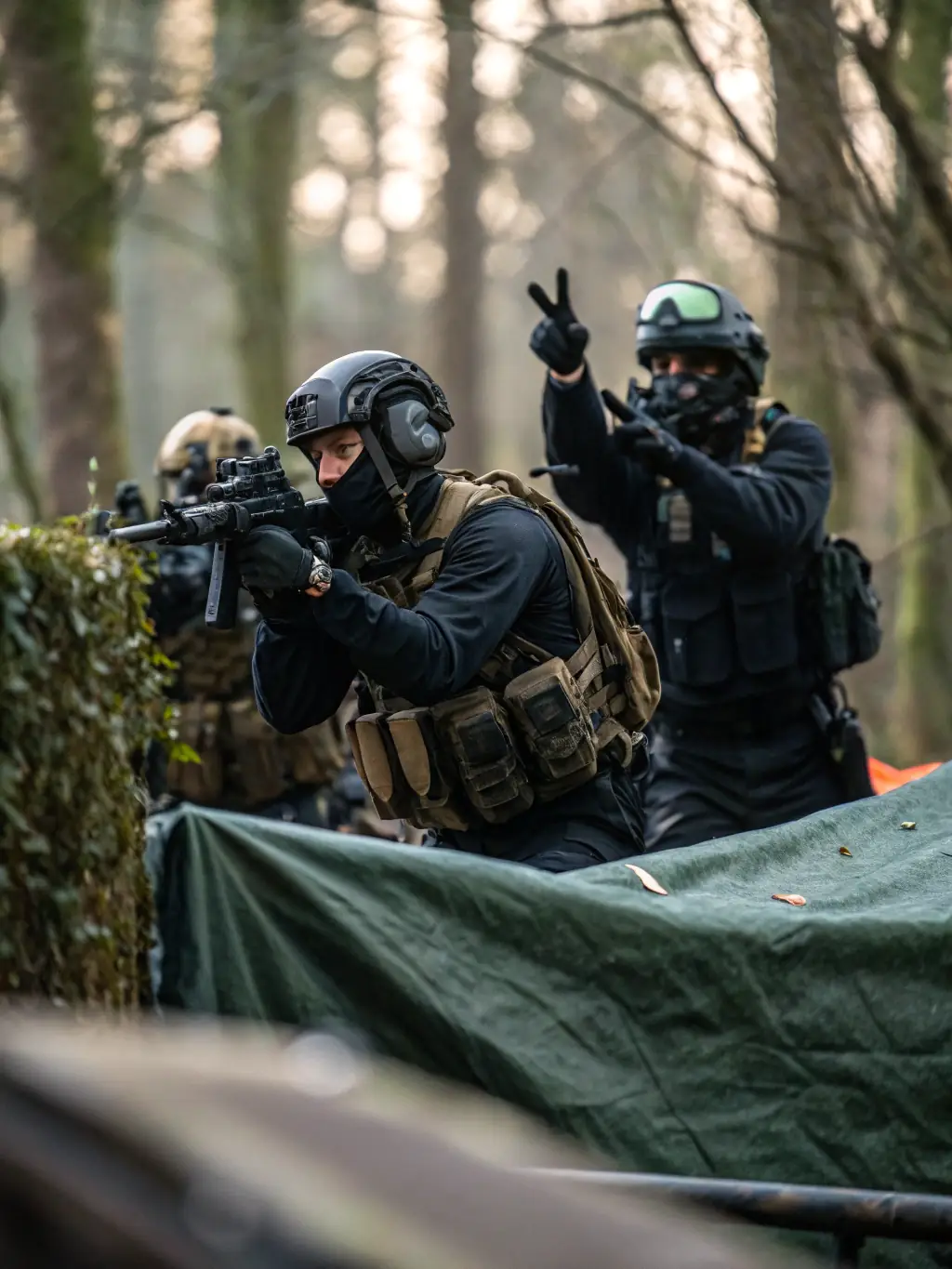 A team of airsoft players strategizing during a break in a tournament, using maps and communication to plan their next move.