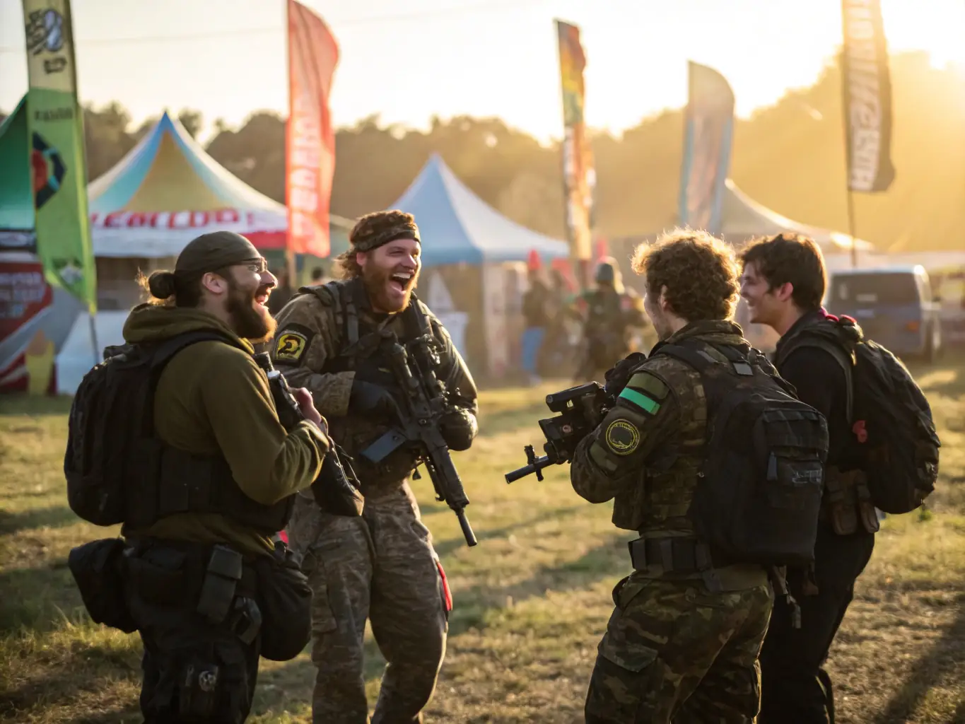A vibrant image of participants celebrating after an airsoft tournament organized by PIRATE AIRSOFT, highlighting the sense of community and competitive spirit.