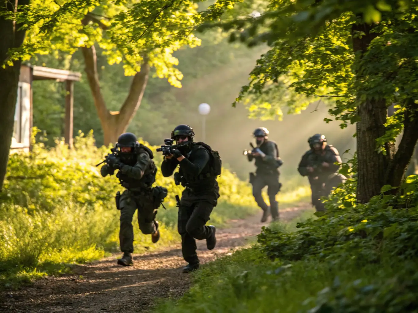 A dynamic action shot of airsoft players in tactical gear participating in a scenario at a PIRATE AIRSOFT event, showcasing teamwork and strategic movement in a wooded area.